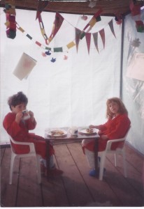 Maya and Nili, now a mother of two and a mother-to-be respectively, having breakfast in our sukkah.