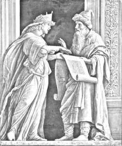 Hulda the Prophetess explaining the scroll to Josiah, rendering of a painting by Mantegna.