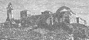 Hulda’s Tomb, rendering of an undated, unattributed drawing, Zev Vilay, Jerusalem, Vol. 3, p. 368. The entrance to the tomb can barely be seen here, bottom right.